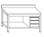 Work tables on legs with back splash shelf and right drawers