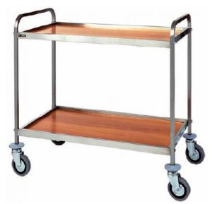 CA 1000 Stainless steel service trolley 2 wood veneer shelves 83x57x97h