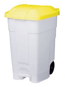 T102546 Conteneur à pédale mobile en plastique blanc-jaune 70 litres
